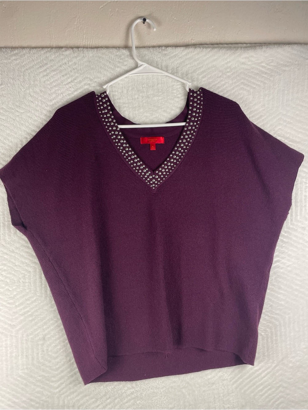 Jennifer Lopez Plum V-Neck Studded Knit Pullover